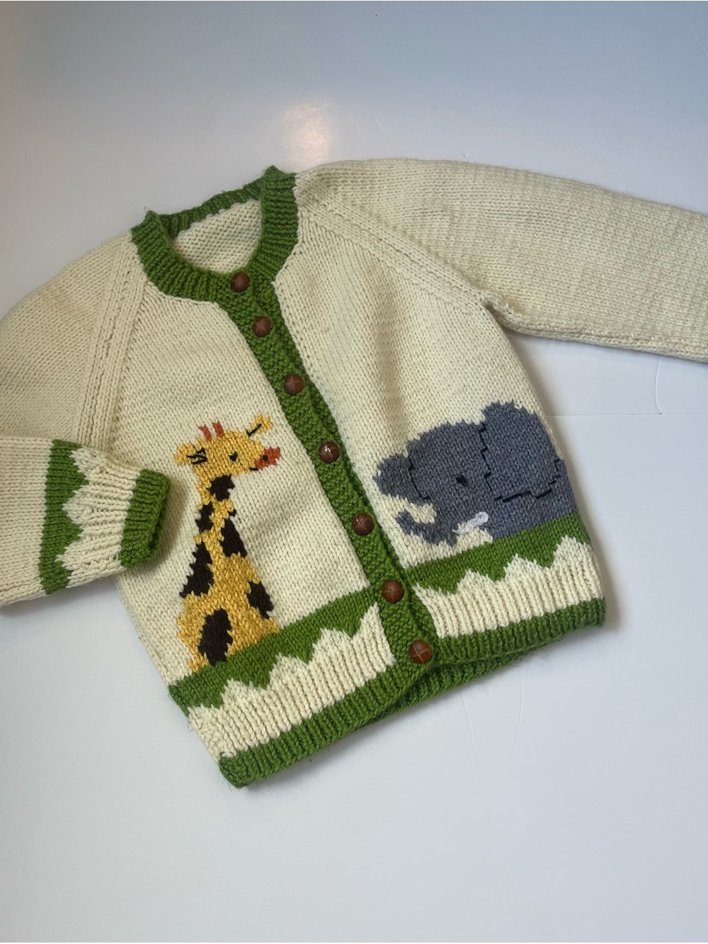 Vintage Cream & Green Knit Kids Cardigan with Giraffe and Elephant